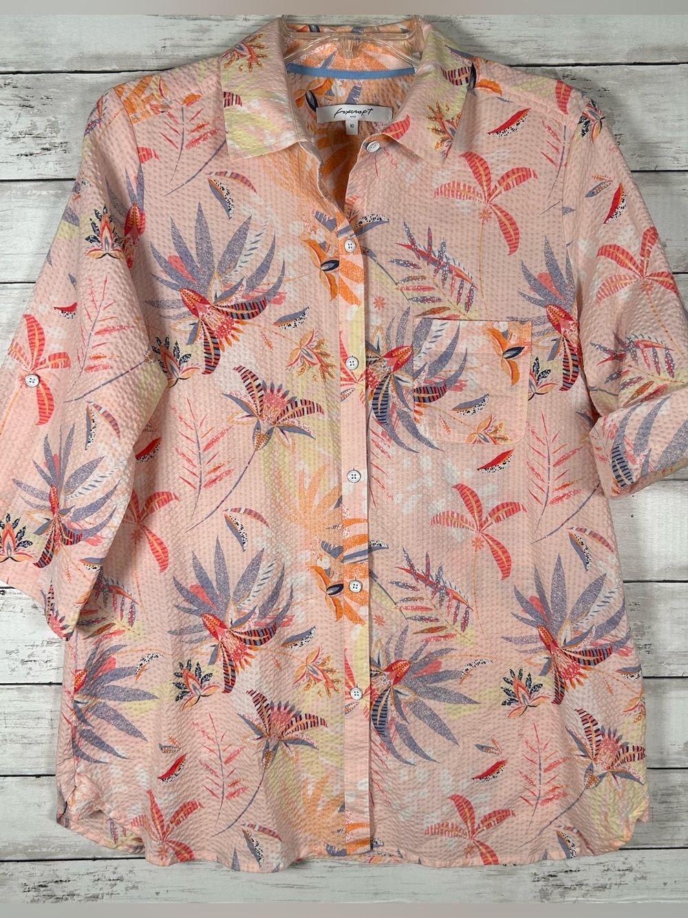 Foxcroft Tamara 34 Paradise Seersucker Shirt Pink Strawberry Tropical Sz 10